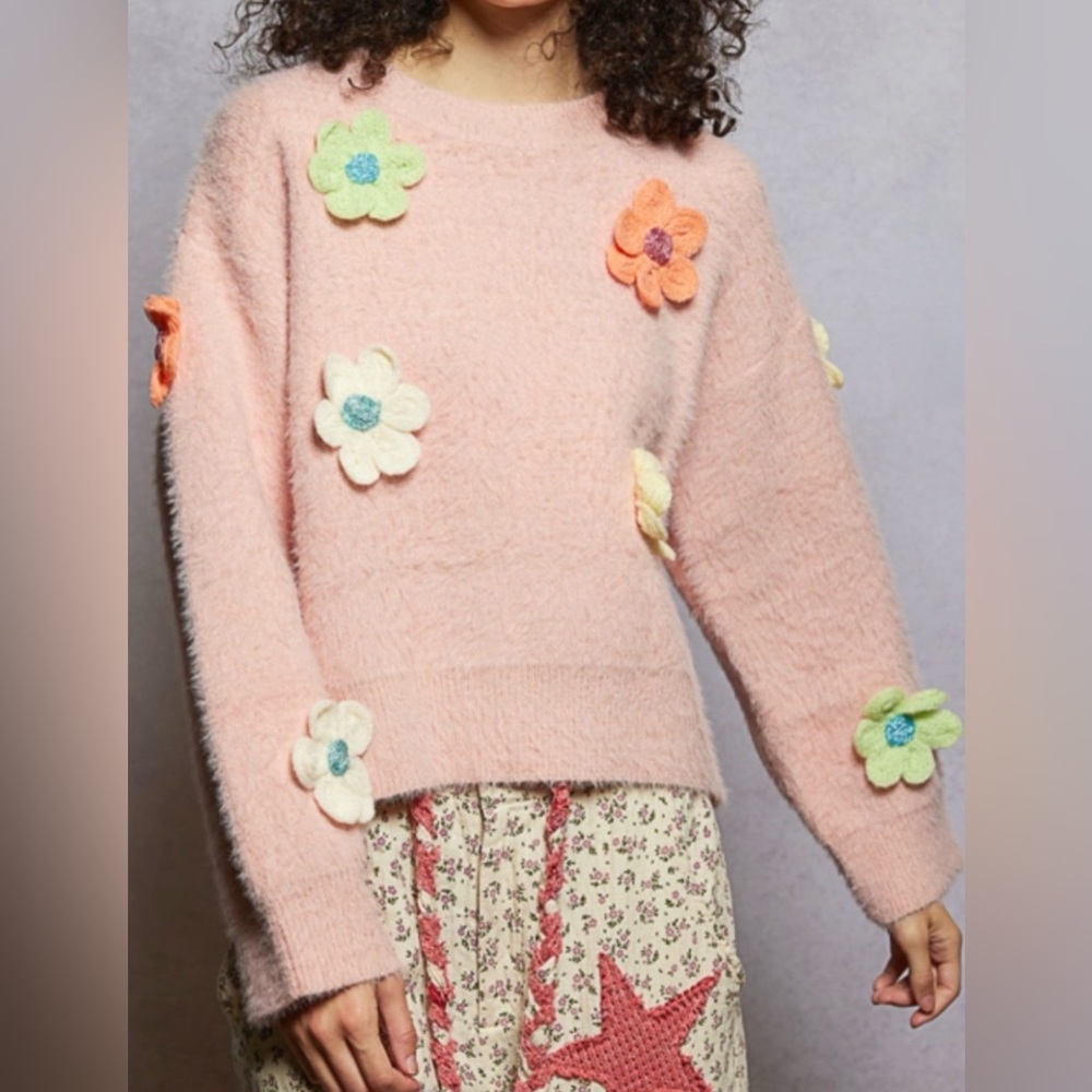 POL Pink Fuzzy Crewneck Sweater with Multicolor Floral Appliqués